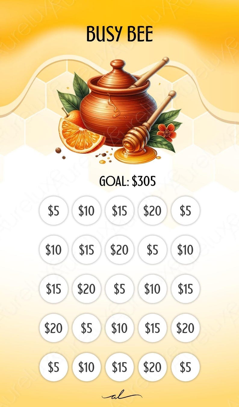 Pu&ograve; includere: Illustrazione digitale con il testo "BUSY BEE". L'immagine presenta un vasetto di miele, un misurino per il miele e una fetta d'arancia. Sotto, c'&egrave; un obiettivo di 305 $ e cerchi con importi.