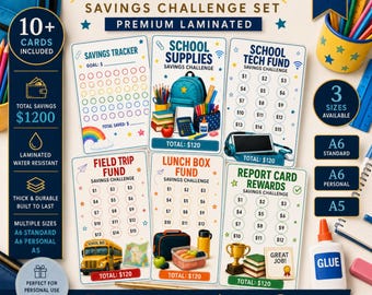 May include: A School Ready savings challenge set featuring multiple laminated cards with trackers for school supplies, tech funds, field trips, lunch boxes, and report card rewards, displaying colorful graphics and dollar amounts.