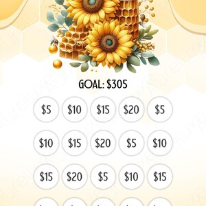 Pu&ograve; includere: Grafica digitale con la scritta "BUSY BEE" e "OBIETTIVO: 280 &euro;". L'immagine presenta girasoli, favi e un barattolo di miele. Sotto, cerchi con importi: 5 &euro;, 10 &euro;, 15 &euro; e 20 &euro;.