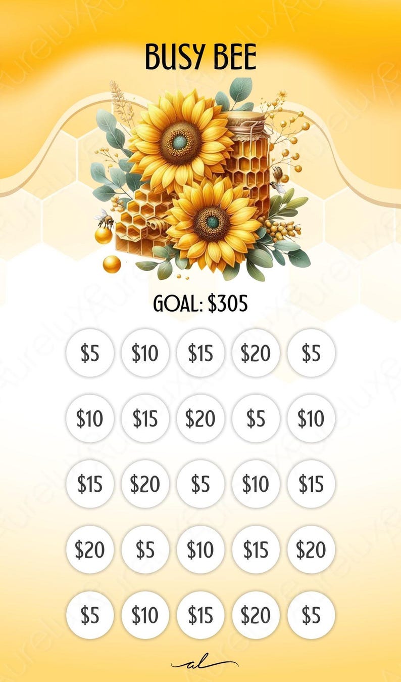Pu&ograve; includere: Grafica digitale con la scritta "BUSY BEE" e "OBIETTIVO: 280 &euro;". L'immagine presenta girasoli, favi e un barattolo di miele. Sotto, cerchi con importi: 5 &euro;, 10 &euro;, 15 &euro; e 20 &euro;.