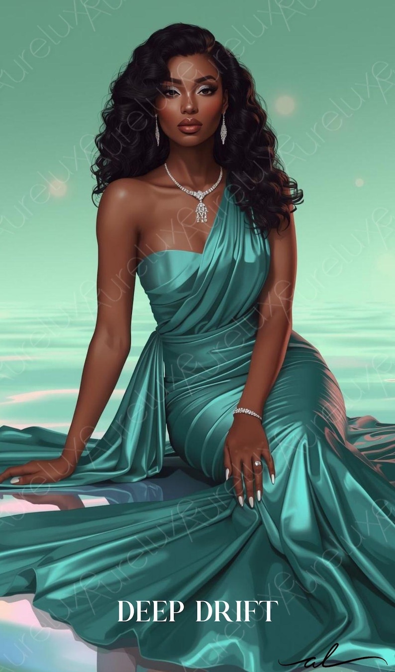Puede incluir: Ilustraci&oacute;n de una mujer con un vestido turquesa de un solo hombro, adornada con joyas de diamantes. La obra de arte presenta el texto "DEEP DRIFT" en la parte inferior. La mujer tiene cabello oscuro y est&aacute; sentada, con el vestido fluyendo a su alrededor.