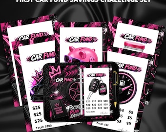 May include: A First Car Fund Savings Challenge Set with a black and pink theme. The set includes multiple cards and a notebook with car-related graphics, text, and a piggy bank wearing sunglasses. The text includes "CAR FUND" and "FUTURE RIDE".