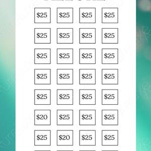 Puede incluir: Un gr&aacute;fico de ahorro blanco titulado "MERMAID ALLURE" con un fondo turquesa y blanco. El gr&aacute;fico tiene 28 casillas, la mayor&iacute;a etiquetadas con "$25", y un total final de "Ahorra: $800".