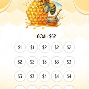 Pu&ograve; includere: Illustrazione digitale con un'ape, un favo e un misurino per il miele. Il testo "BUSY BEE" &egrave; in alto. Sotto, il testo "GOAL: 62$" &egrave; visualizzato, con cerchi contenenti importi per il monitoraggio dei risparmi. Lo sfondo &egrave; giallo.