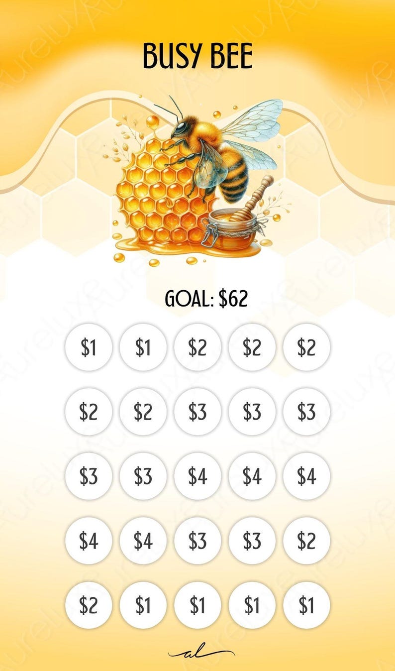 Pu&ograve; includere: Illustrazione digitale con un'ape, un favo e un misurino per il miele. Il testo "BUSY BEE" &egrave; in alto. Sotto, il testo "GOAL: 62$" &egrave; visualizzato, con cerchi contenenti importi per il monitoraggio dei risparmi. Lo sfondo &egrave; giallo.
