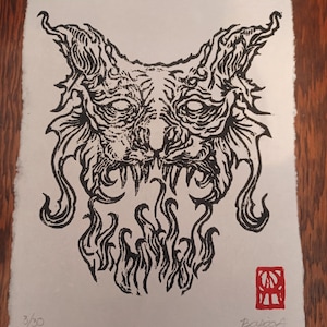 Hellish Bat Woodcut Print