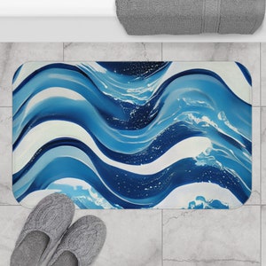 Blue Ocean Waves Bath Mat: Coastal Beach House Decor