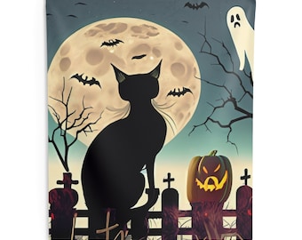 Halloween Indoor Wall Tapestry - Black Cat, Cemetery, Ghost, Jack-O-Lantern, Full Moon, Indoor-Use Only, 100% Polyester