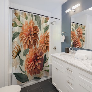 Orange Dahlia Floral Shower Curtain: Sage Green Leaves, Beige Accents