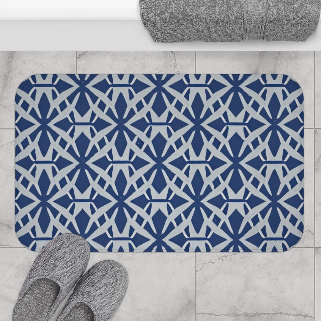 Deep Blue and Gray Bath Mat - Modern Geometric Design - 100% Microfiber ...