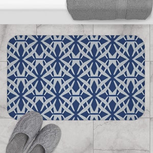 Deep Blue and Gray Bath Mat - Modern Geometric Design - 100% Microfiber - Two Sizes Available