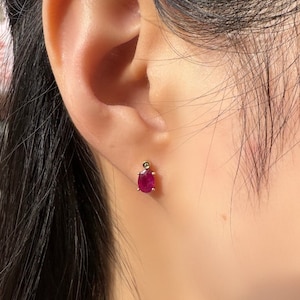 Genuine Ruby and Diamond Oval Cut Stud Earrings / 18k Solid Gold