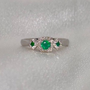 Genuine Emerald and Diamond Ring / 14k Solid White Gold