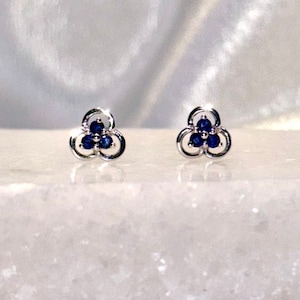 Genuine Sapphire Trio Studs / 14k Solid Gold