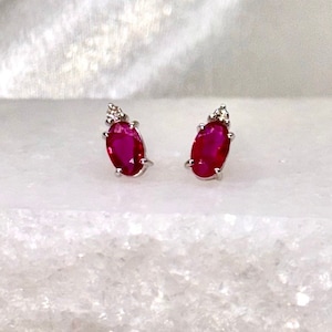 Genuine Ruby and Diamond Oval Studs / 14k Solid White Gold