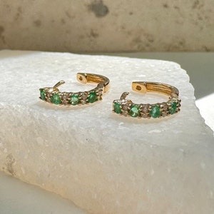 Genuine Emerald and Diamond Huggies / 14k Solid Gold