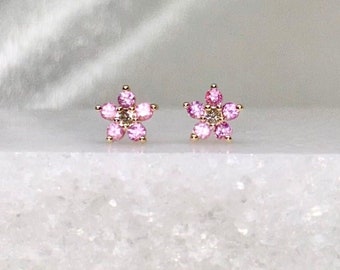 Genuine Pink Sapphire and Diamond Flower Stud Earrings / 14k Solid Gold
