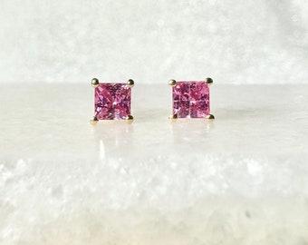 Genuine Pink Sapphire Princess Cut Stud Earrings / 18k Solid Gold