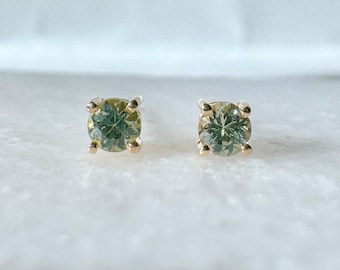Genuine Green Sapphire 3 mm Round Cut Solitaire Stud Earrings / 14k Solid Gold