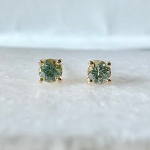 Genuine Green Sapphire 3 mm Round Cut Solitaire Stud Earrings / 14k Solid Gold