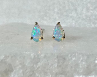 Genuine Opal Teardrop Stud Earrings / 14k Solid Yellow Gold