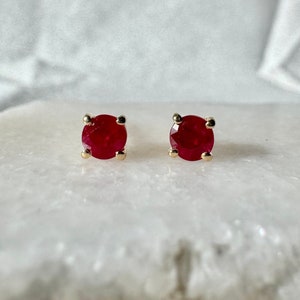 Genuine Ruby 4 mm Round Solitaire Stud Earrings / 14k Solid Gold