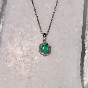 Genuine Oval Emerald and Diamond Pendant / 14k Solid Gold