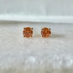 Genuine Orange Sapphire 3 mm Round Cut Solitaire Stud Earrings / 14k Solid Gold