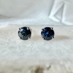 Genuine Sapphire Round Cut Stud Earrings / 14k Solid Gold