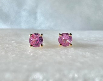 Genuine Pink Sapphire 3mm Round Cut Stud Earrings / 14k Solid Gold