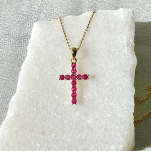 Genuine Ruby Round Cut Cross Pendant (Large) | 14k Solid Gold