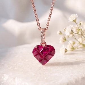 Genuine Ruby and Diamond Heart Pave Pendant / 14k Solid Gold