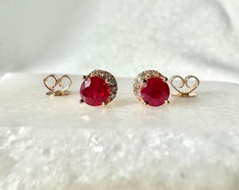 Genuine Ruby and Diamond Stud Earrings / 14k Solid White Gold / Rose Gold