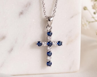 14k White Gold Sapphire Diamond Cross Pendant, September Birthstone Jewelry