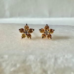 Genuine Orange Sapphire and Diamond Flower Stud Earrings / Dainty Orange Sapphire Earrings / Pair / 14k Solid Gold