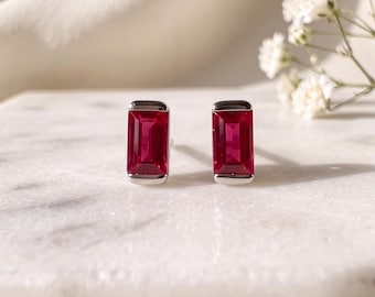 Genuine Ruby Mini Bezel Stud Earrings / 14k Solid Gold