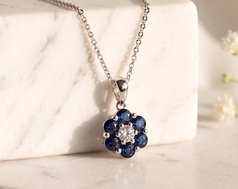 Genuine Sapphire and Diamond Flower Pendant, 14k Solid Gold, September Birthstone, Gift for Her
