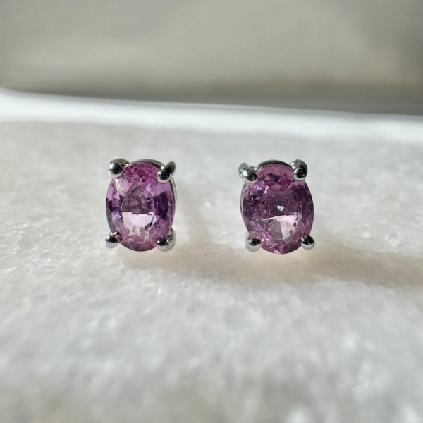 Genuine Pink Sapphire Oval Cut Solitaire Stud Earrings / 14k and 18k Solid Gold