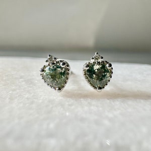 Genuine Green Sapphire and Diamond Heart Studs / 14k Solid Gold