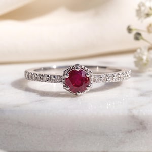 14k Solid White Gold Ruby Diamond Halo Ring, July Birthstone Gift