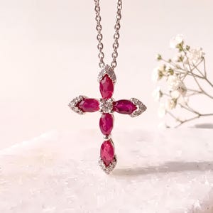 Genuine Ruby and Diamond Marquise Cross Pendant, 14k Solid Gold, July Birthstone, Gift for Her