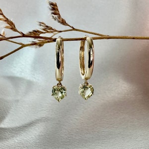 Genuine Green Sapphire Heart Hoop Earrings / 14k Solid Gold