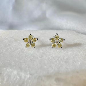 Genuine Yellow Sapphire and Diamond Flower Stud Earrings / 18k Solid Gold