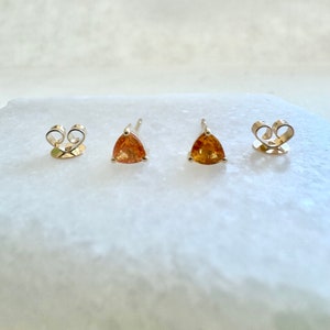 Genuine Orange Sapphire Trillion Cut Stud Earrings / 14k Solid Gold