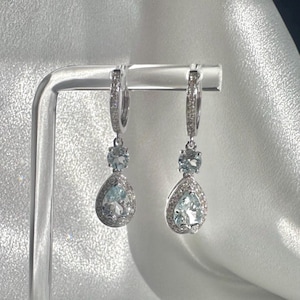 Genuine Aquamarine and Diamond Teardrop Huggies / 14k Solid Gold
