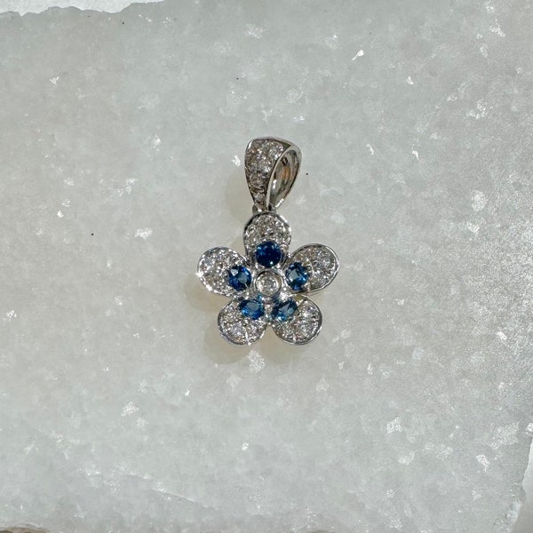Genuine Sapphire and Diamond Flower Pendant / 14k Solid Gold