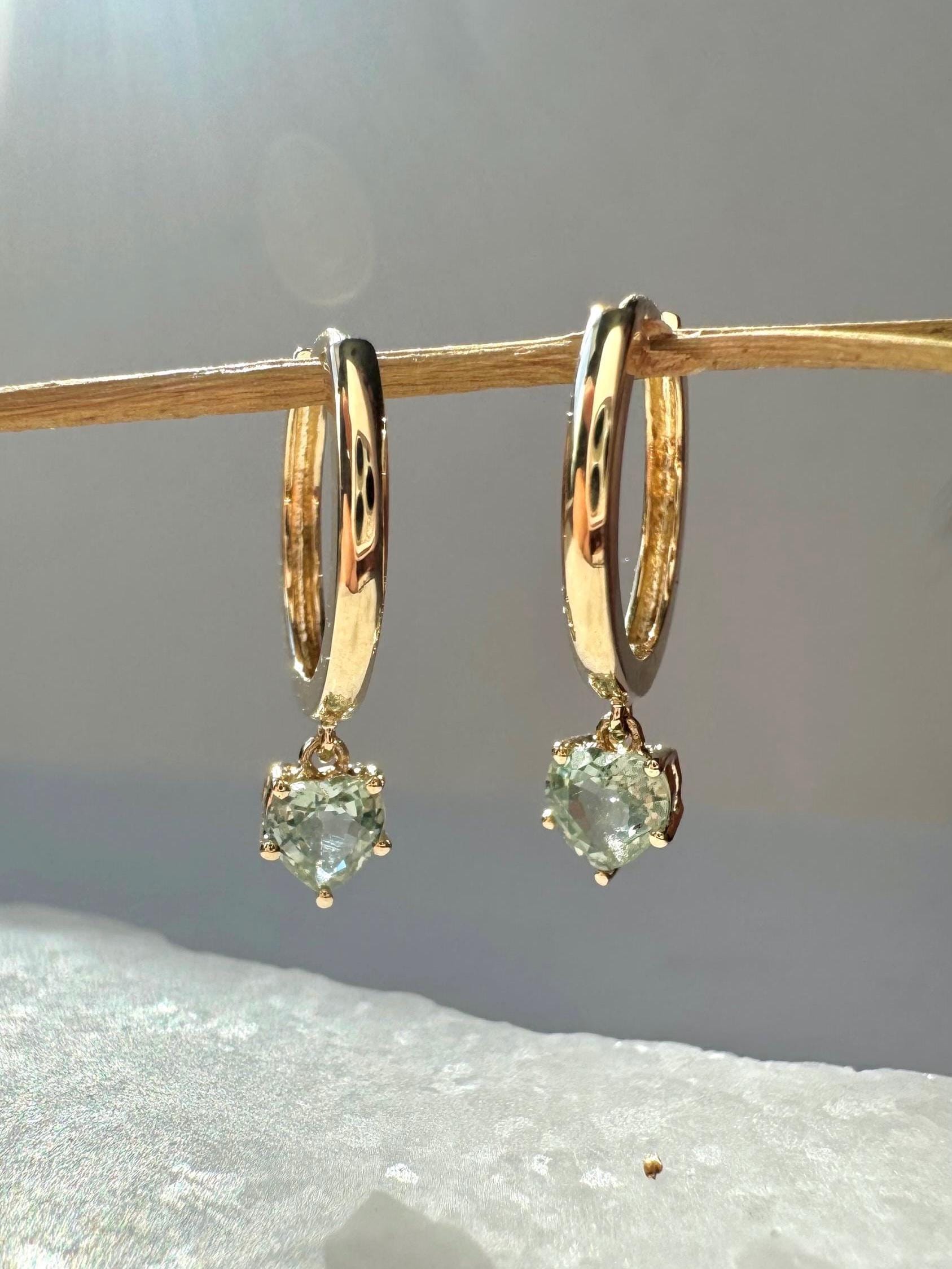 Genuine Green Sapphire Mini Heart Dangle Hoops / 14k Solid Gold