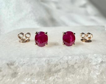 Genuine Oval Cut Ruby Studs / 14k Solid Yellow Gold