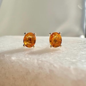 Genuine Orange Sapphire Oval Cut Solitaire Stud Earrings / 14k Solid Gold