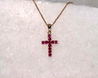 Genuine Ruby Cross Pendant (Medium) / 14k Solid Gold